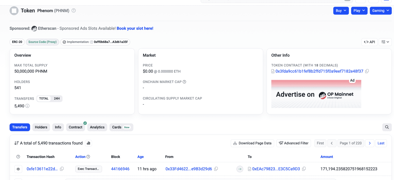 BaseScan PHNM token contract page showing 541 holders and transaction history on Base network