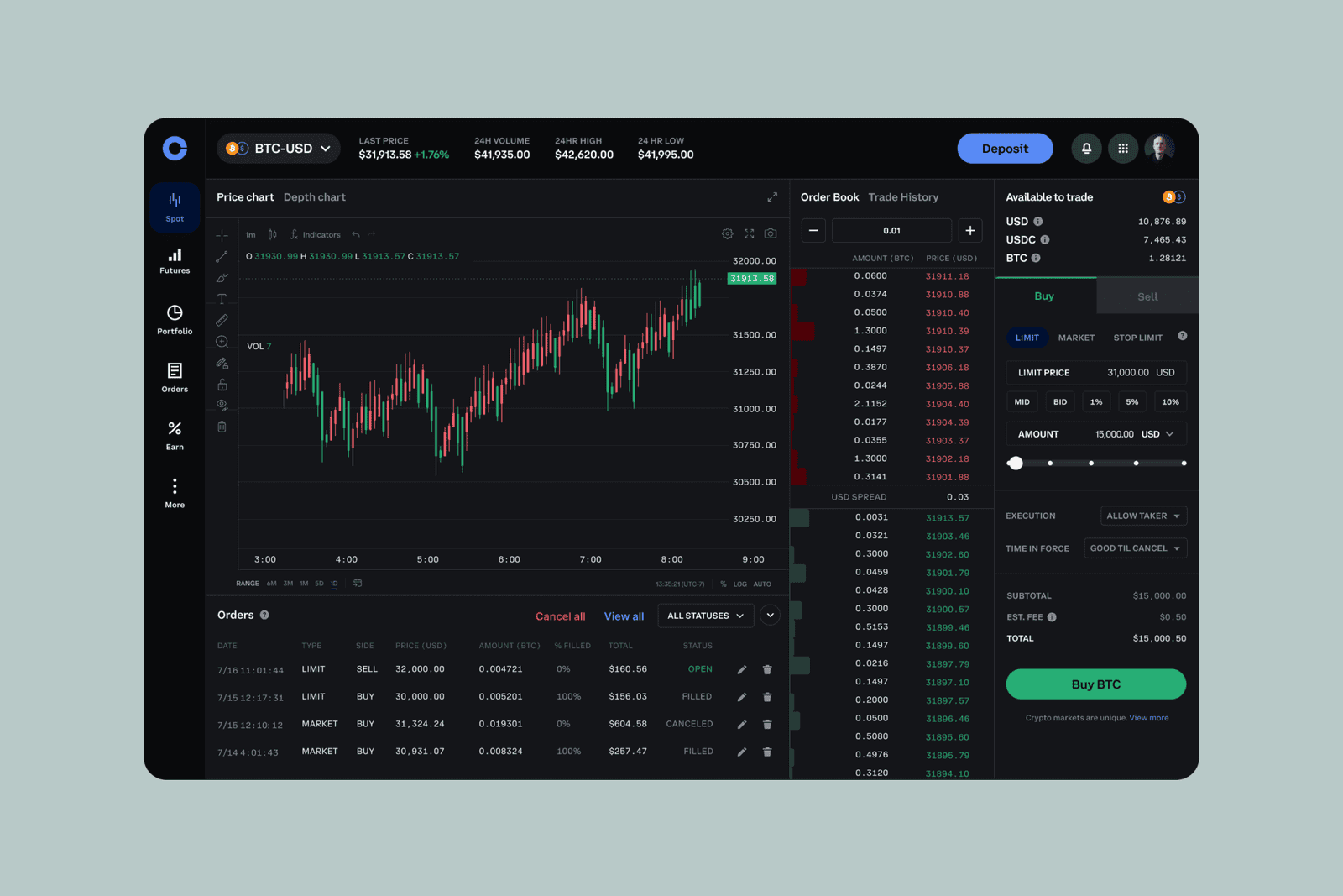 Coinbase Advanced Trade platform interface showing BTC-USD trading dashboard with order book and price chart