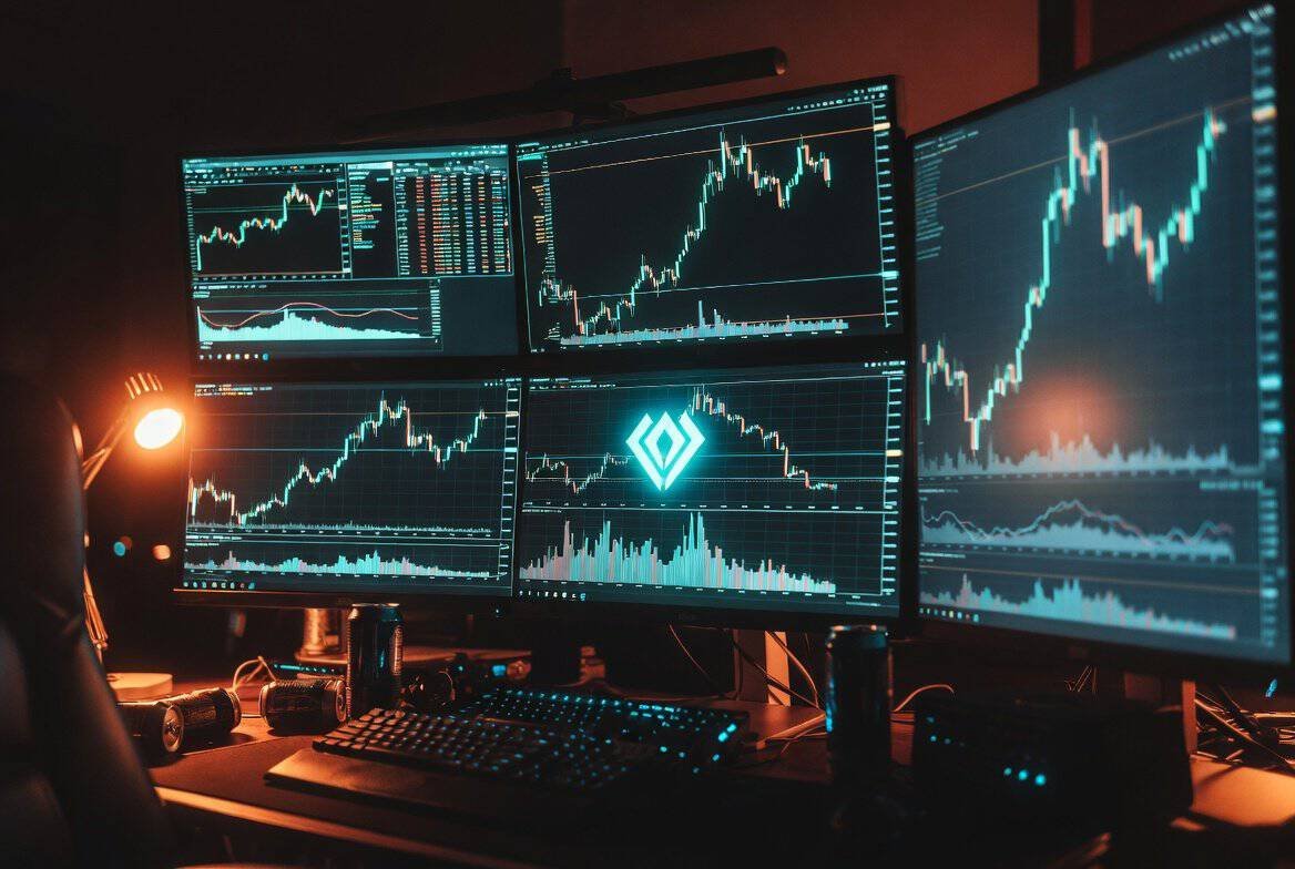 Trading desk with monitors showing Enjin ENJ price rally charts April 2026