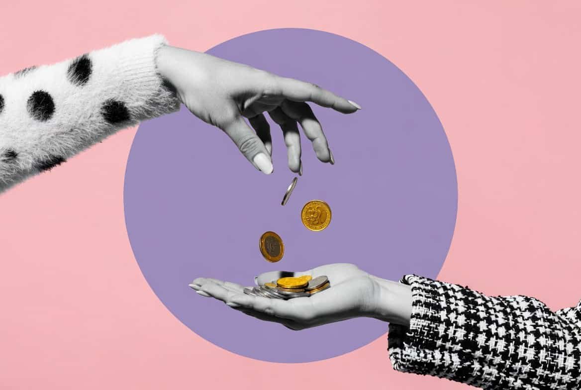 Two hands exchanging cryptocurrency coins representing decentralized crypto swaps without KYC