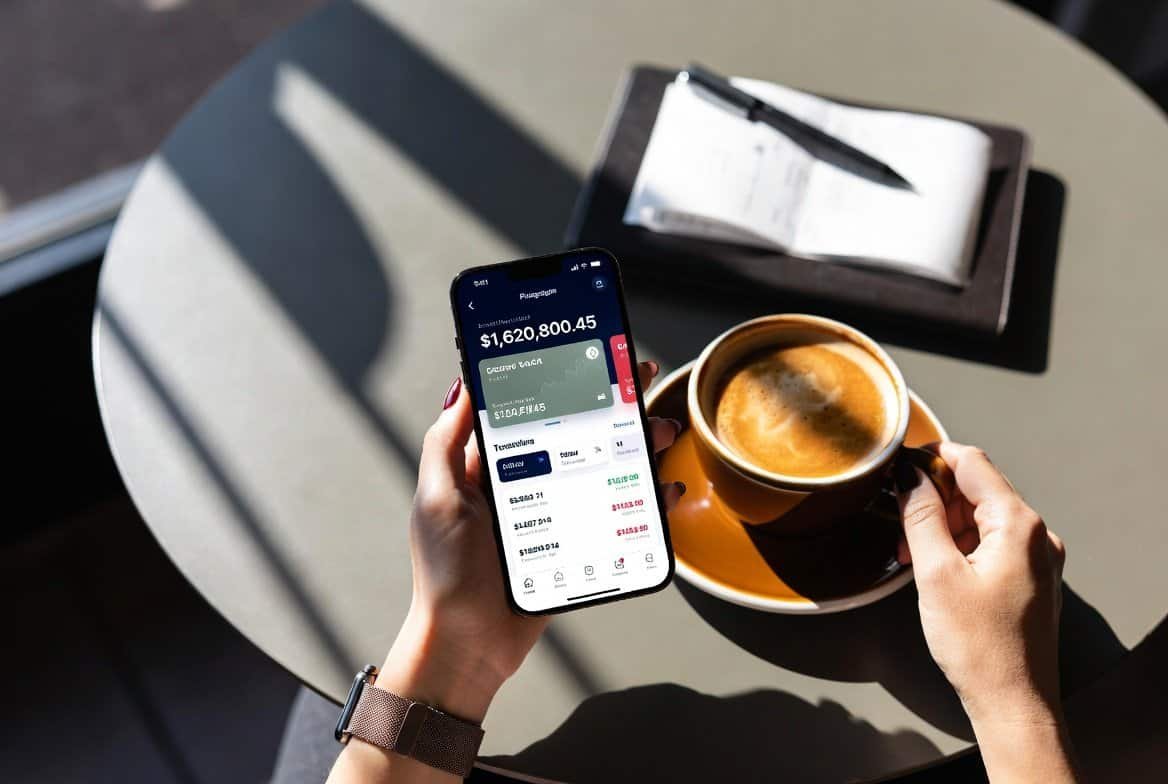 Bitcoin price analysis: investor checking crypto portfolio on smartphone with coffee