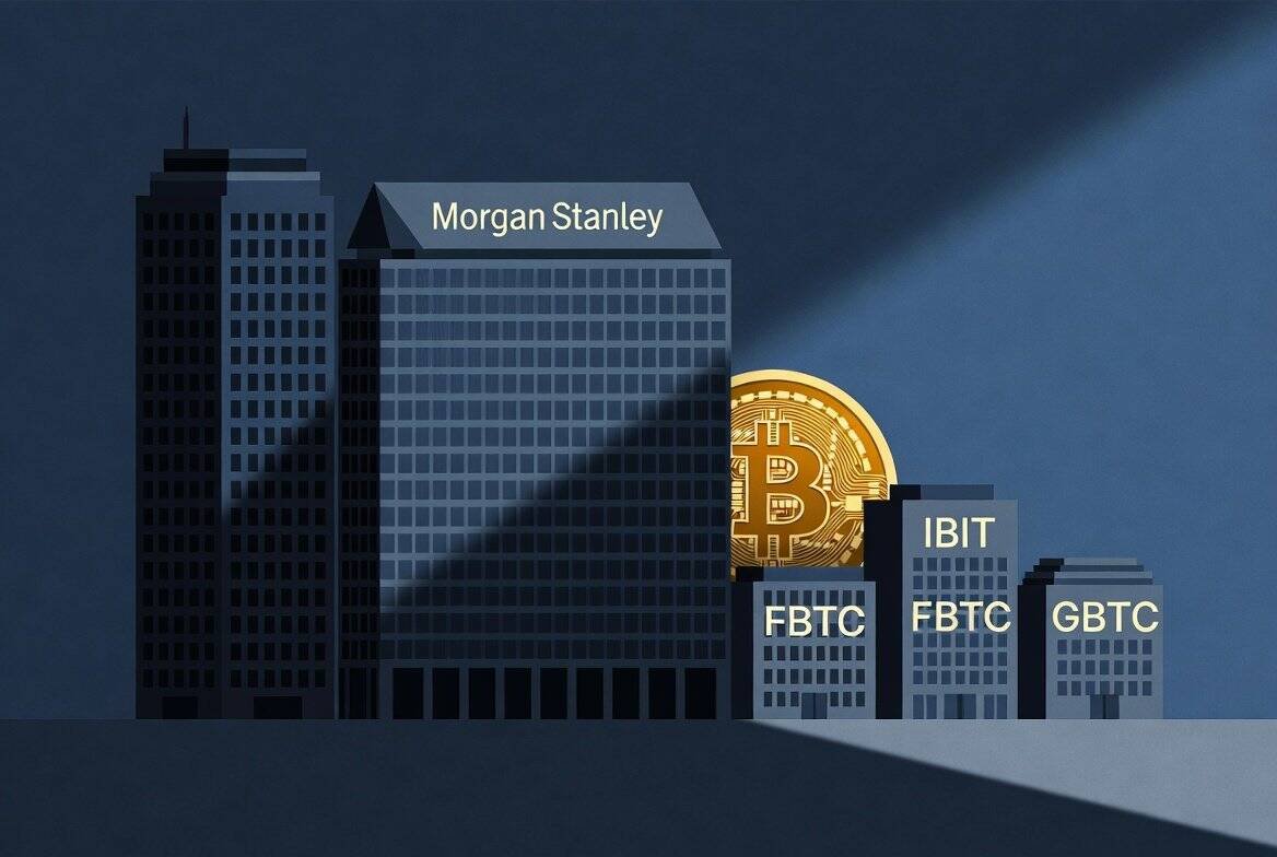 Morgan Stanley Bitcoin ETF MSBT launch illustration with Bitcoin coin and Wall Street skyline