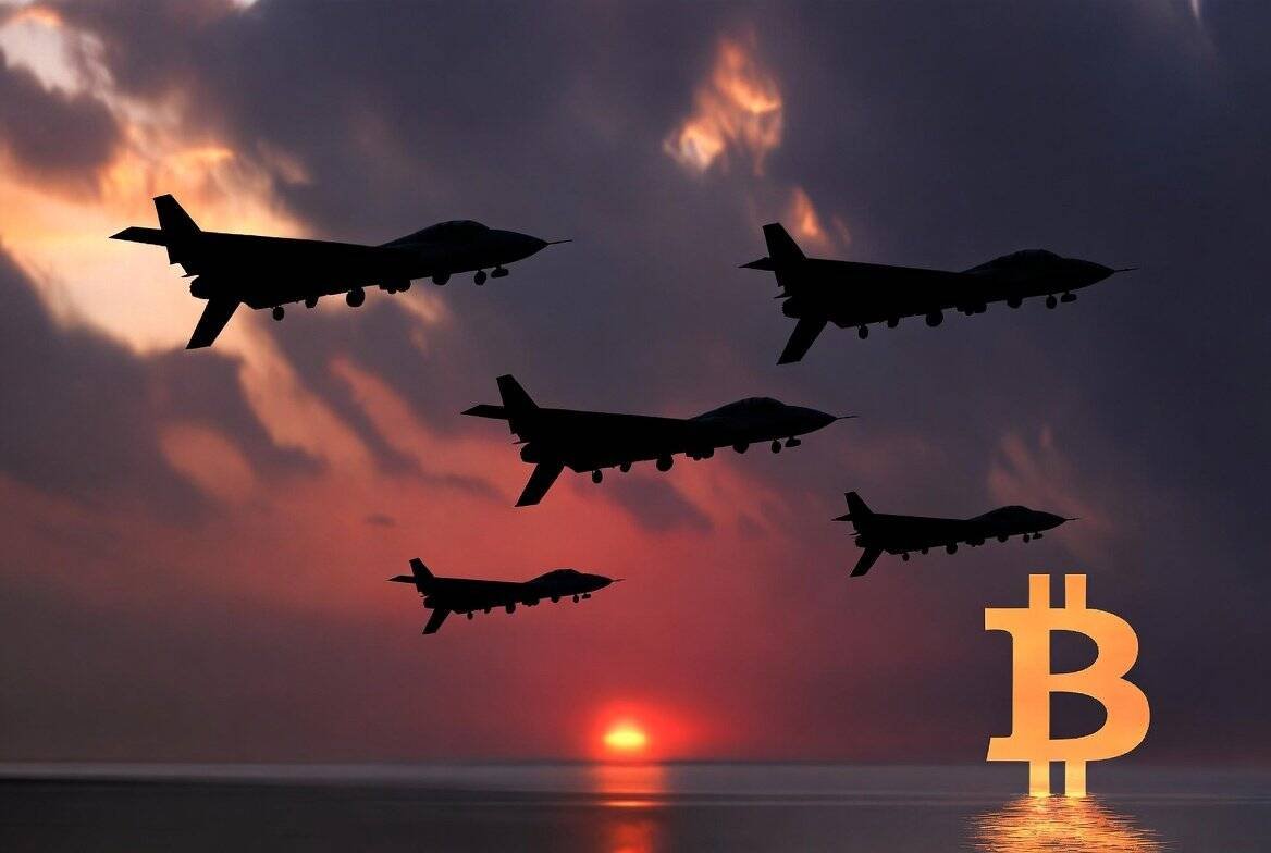 Iran war and crypto market impact - military drones silhouetted against sunset