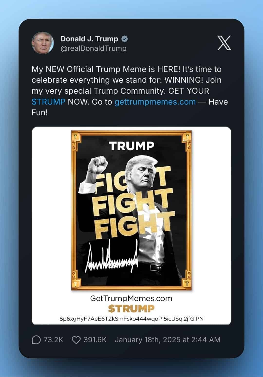 Donald Trump X post announcing the launch of TRUMP meme coin on January 17 2025
